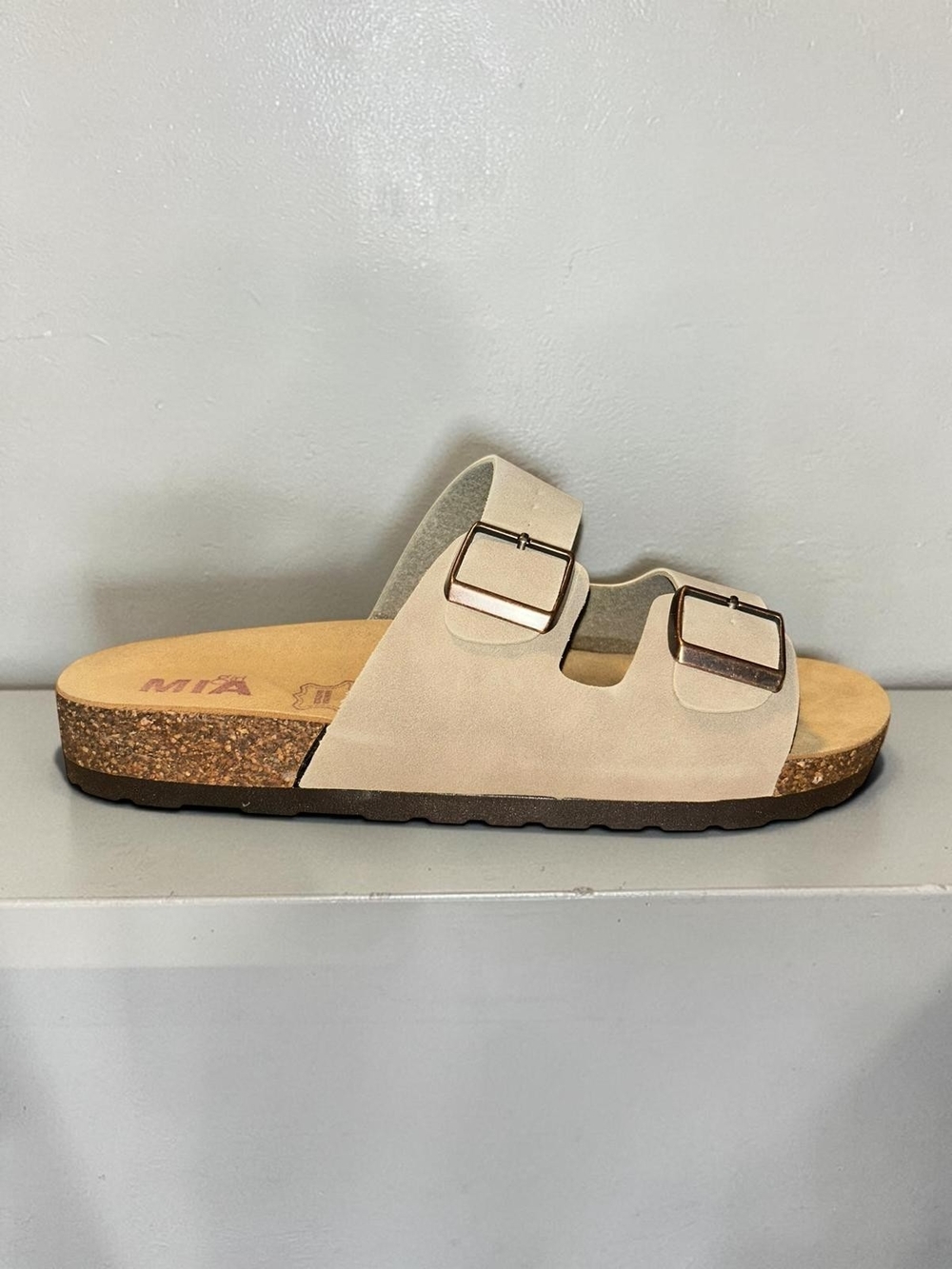 MIA Beige Double-Buckle Cork Slide Sandal